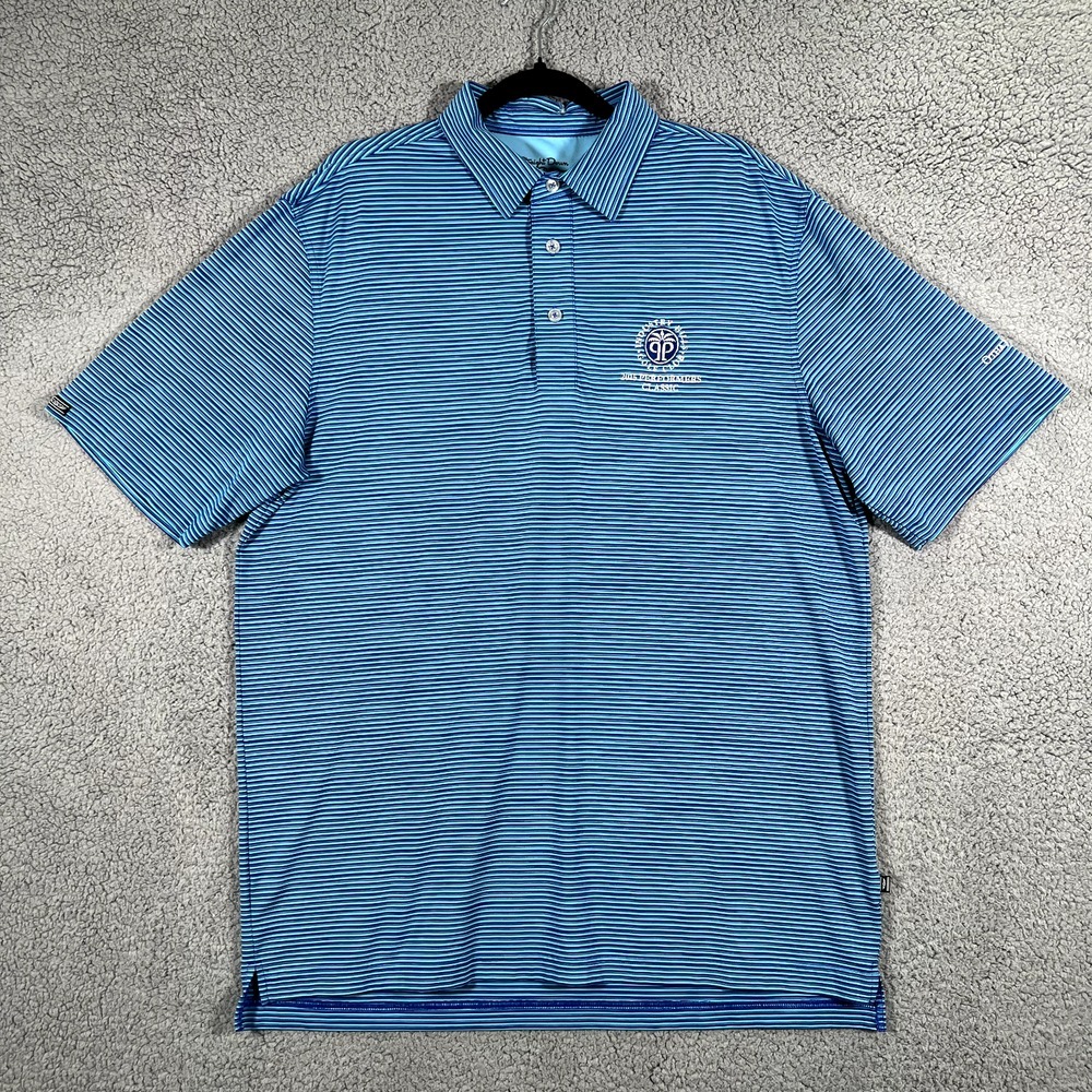 Straight Down Polo Shirt Mens Large Blue Striped Golf Casual Performance Stretch
